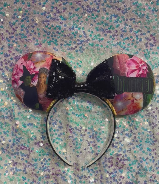 Defying Gravity Mouse Ears | Handmade Wicked-Inspired Disney Headband with Green Sequin Bow