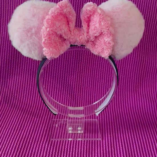 Handmade and ready to ship Pink floral headband with fluffy mouse ears and a big rose bow in the middle. Ears are on a black poly cotton universal sized headband.