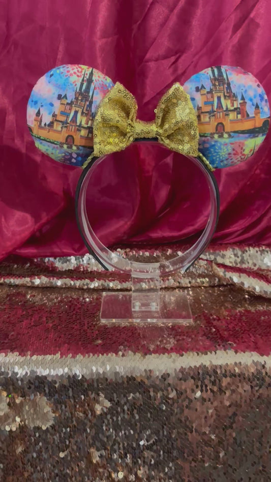 Colorful castle printed mouse ears with a gold sequin bow. Shown on a glittery background