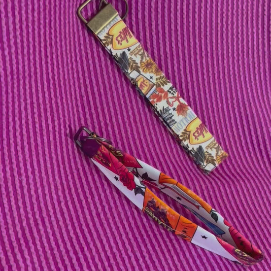 Keychain with colorful design on a purple striped background