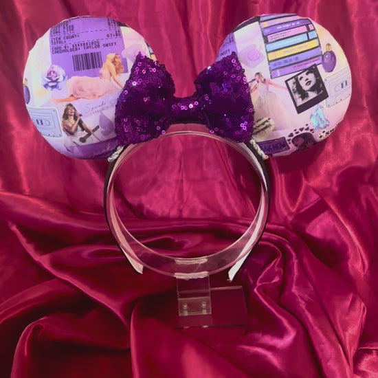 Handmade and ready to ship Tay inspired Mouse ears with the fabric on the ears, front and back and the bow is purple sequins. The headband is a universal sized headband and has black poly cotton fabric on it.