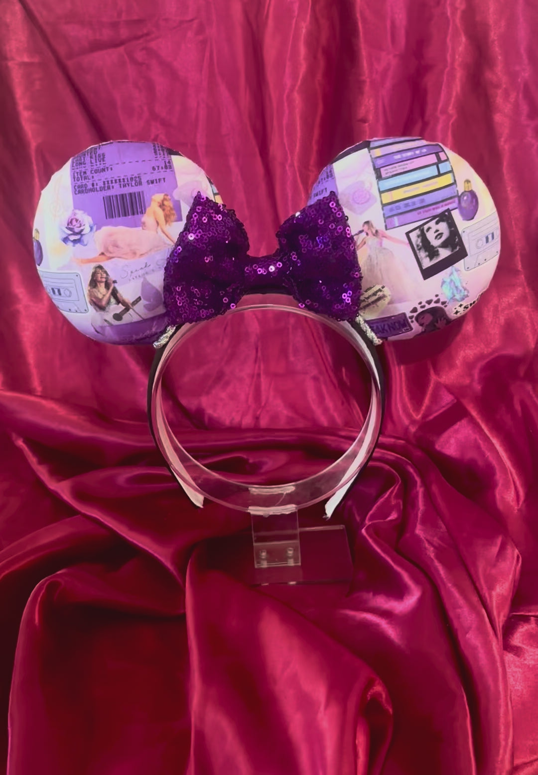 Handmade and ready to ship Tay inspired Mouse ears with the fabric on the ears, front and back and the bow is purple sequins. The headband is a universal sized headband and has black poly cotton fabric on it.
