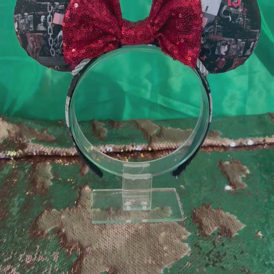 Handmade and ready to ship Rep Era images on the ears and headband. Mouse ears show a red sequin bow. Of course, you can request any bow in sequin if you prefer and I will attach it. Shown on a stand with green satin and a sequin background.