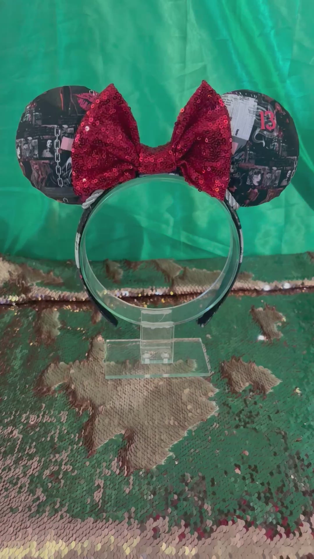 Handmade and ready to ship Rep Era images on the ears and headband. Mouse ears show a red sequin bow. Of course, you can request any bow in sequin if you prefer and I will attach it. Shown on a stand with green satin and a sequin background.