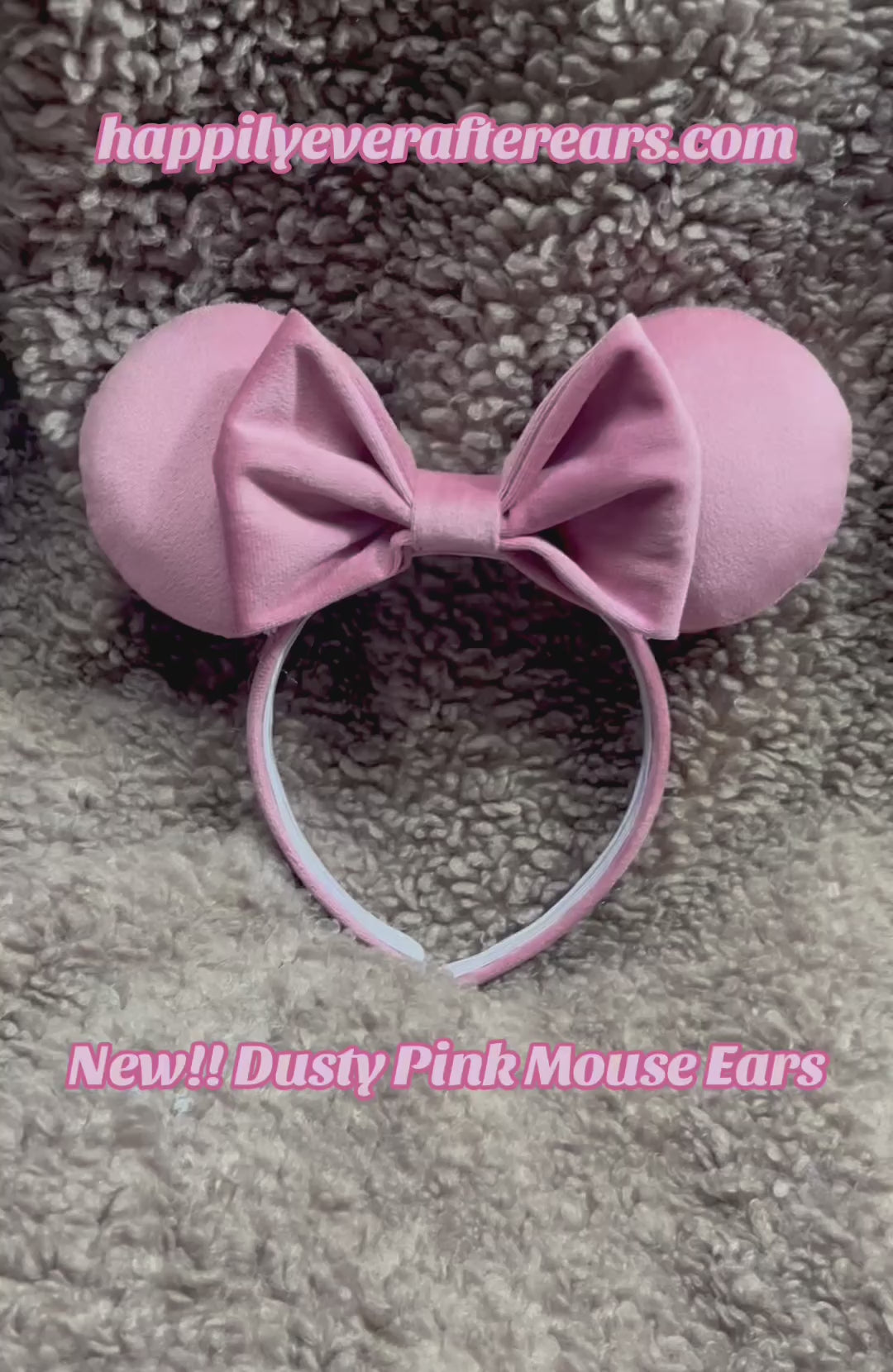 Handmade and ready to ship. Soft Velvety dusty pink Mouse ears with a soft matching bow with pink twisted trim on a universal sized matching headband. 