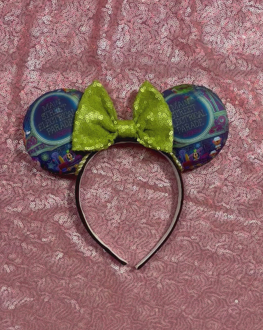 Handmade and ready to ship mouse ears. Mouse ears are on a universal sized poly cotton headband and set comes with a lime green sequin bow. Other colors are available if you leave a note.