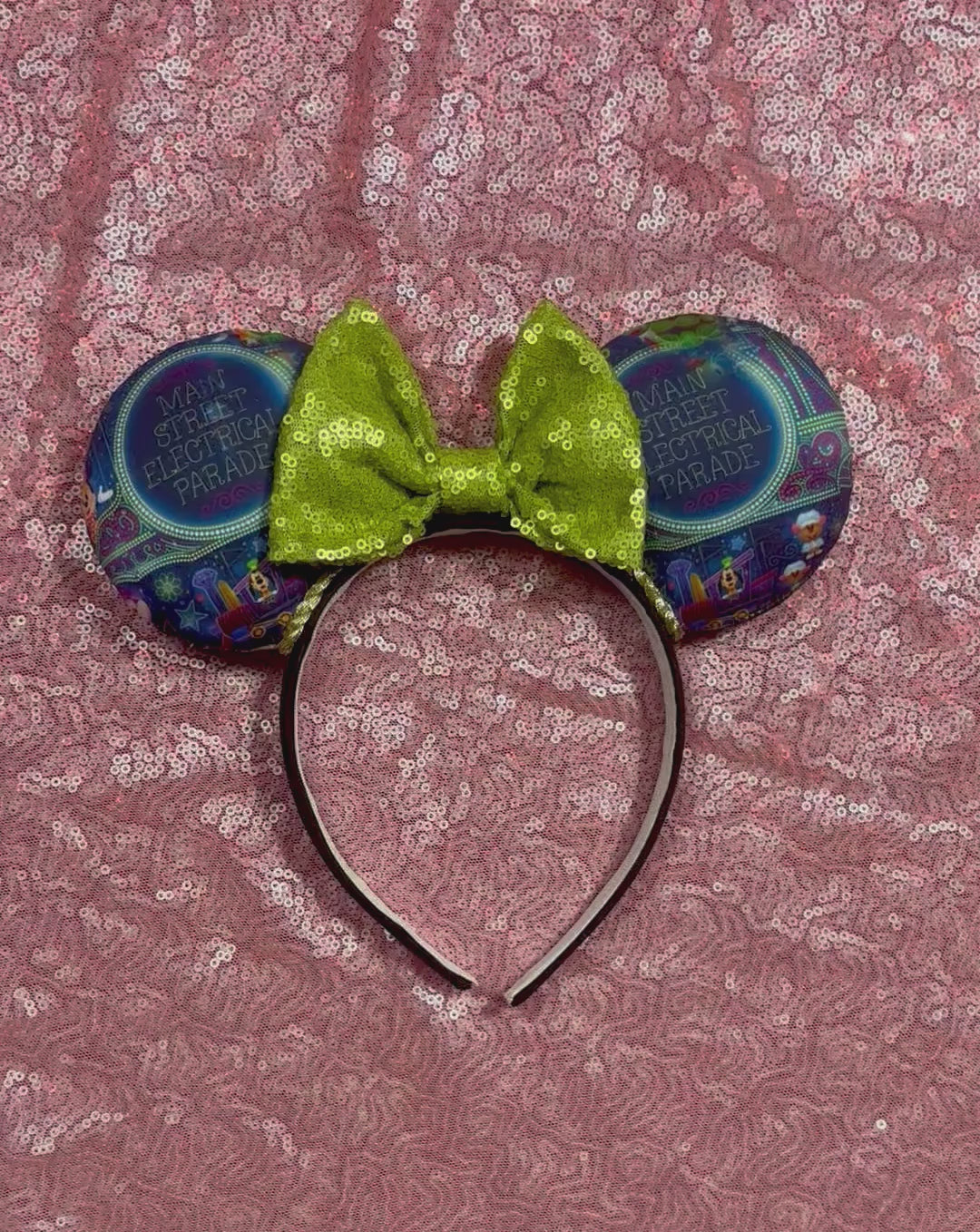 Handmade and ready to ship mouse ears. Mouse ears are on a universal sized poly cotton headband and set comes with a lime green sequin bow. Other colors are available if you leave a note.