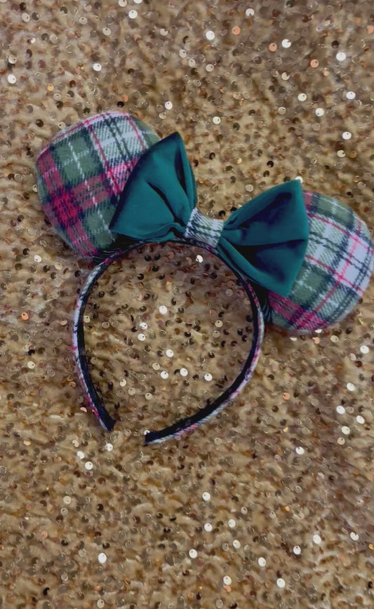 Green Christmas Plaid Mouse Ears - Holiday Headband with Hunter Green Velvet Bow