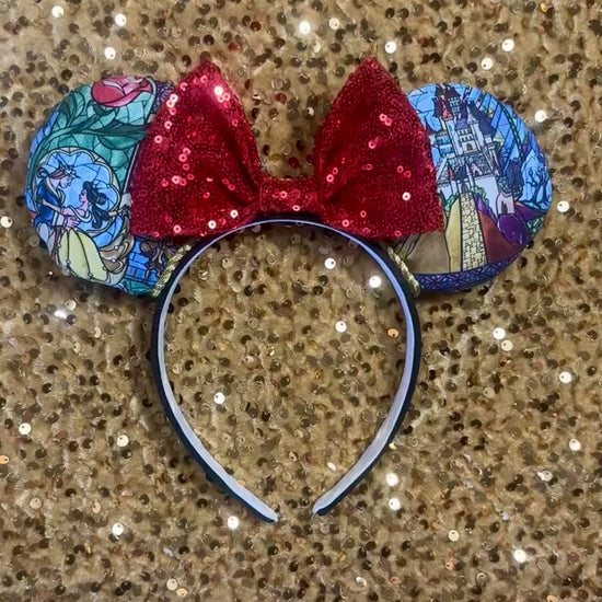 Handmade and ready to ship Stained Glass themed from BATB mouse ears with the fabric on both the front and back. On a black universal sized headband. The set has a RED sequin bow, but you can request any sequin color in your order and I'll attach it.