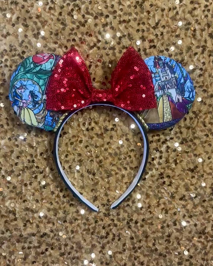 Handmade and ready to ship Stained Glass themed from BATB mouse ears with the fabric on both the front and back. On a black universal sized headband. The set has a RED sequin bow, but you can request any sequin color in your order and I'll attach it.