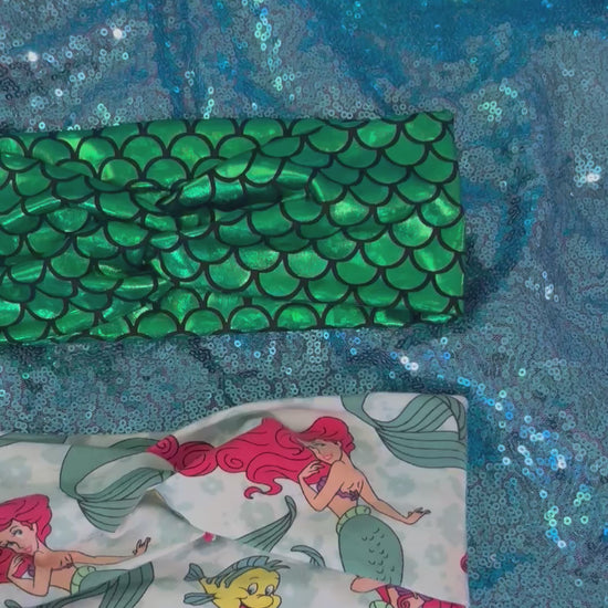 Handmade and ready to ship. 3 Mermaid-themed on hard headbands and two soft headwrap headbands.