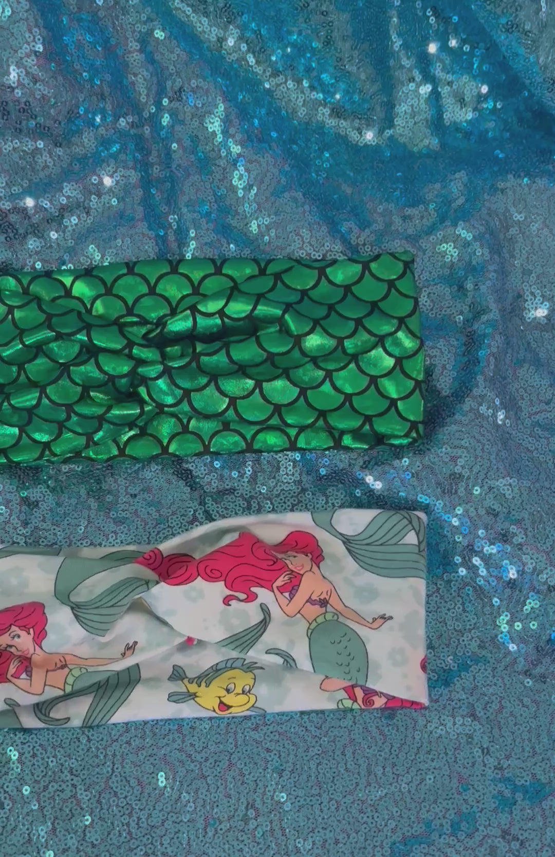 Handmade and ready to ship. 3 Mermaid-themed on hard headbands and two soft headwrap headbands.