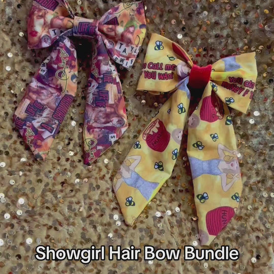 Handmade and ready to ship, two French Tailed hairbows in Showgirl fabric and you can call me honey. Backs have a French Barette as well.