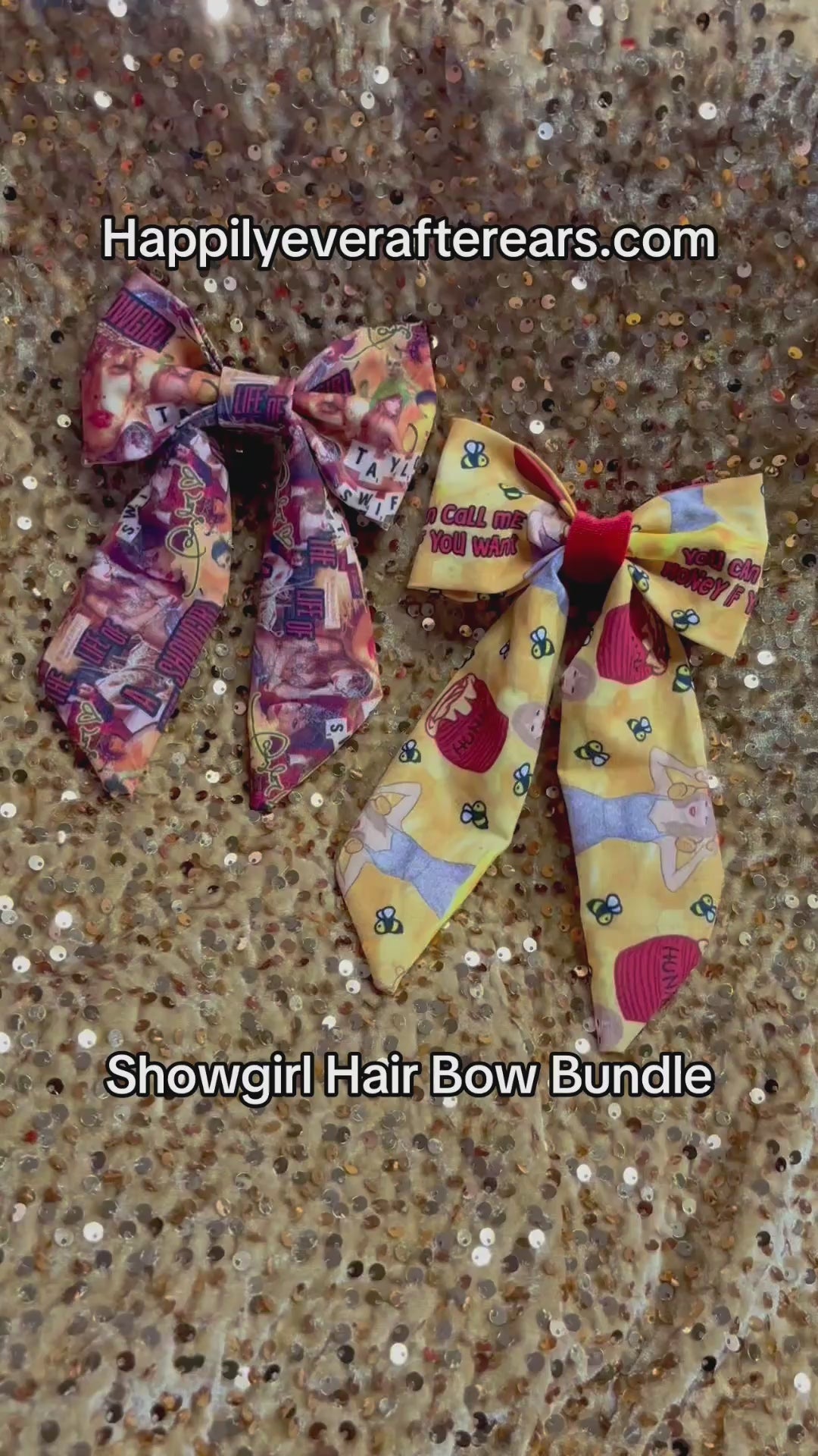 Handmade and ready to ship, two French Tailed hairbows in Showgirl fabric and you can call me honey. Backs have a French Barette as well.