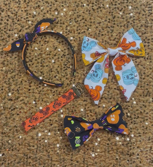 Boo Bundle includes one keychain wristlet, one French tailed mouse pumpkin bow, a boo to you hairbow and twisted bow headband as well. All are handmade and ready to ship.