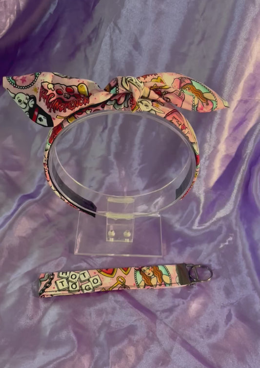 Handmade and ready to ship twisted bow headband and keychain wristlet. Both have Chappell inspired fabric on them. front and backs.