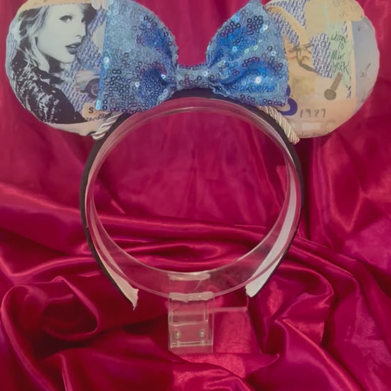 Handmade and ready to ship 1989 themed Mouse ears with images of Tay on a black poly cotton fabric universal sized headband. 
