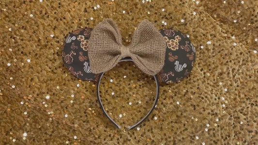Handmade and ready to ship Safari DB Mouse ears with a burlap bow, jute trim on a poly cotton black headband that is universal sized.