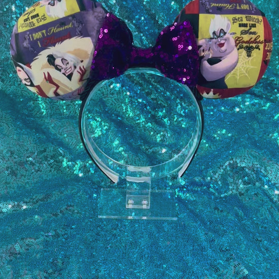 Handmade and ready to ship Villain Mouse ears with a black sequin bow, black twisted trim and on a black universal sized headband.