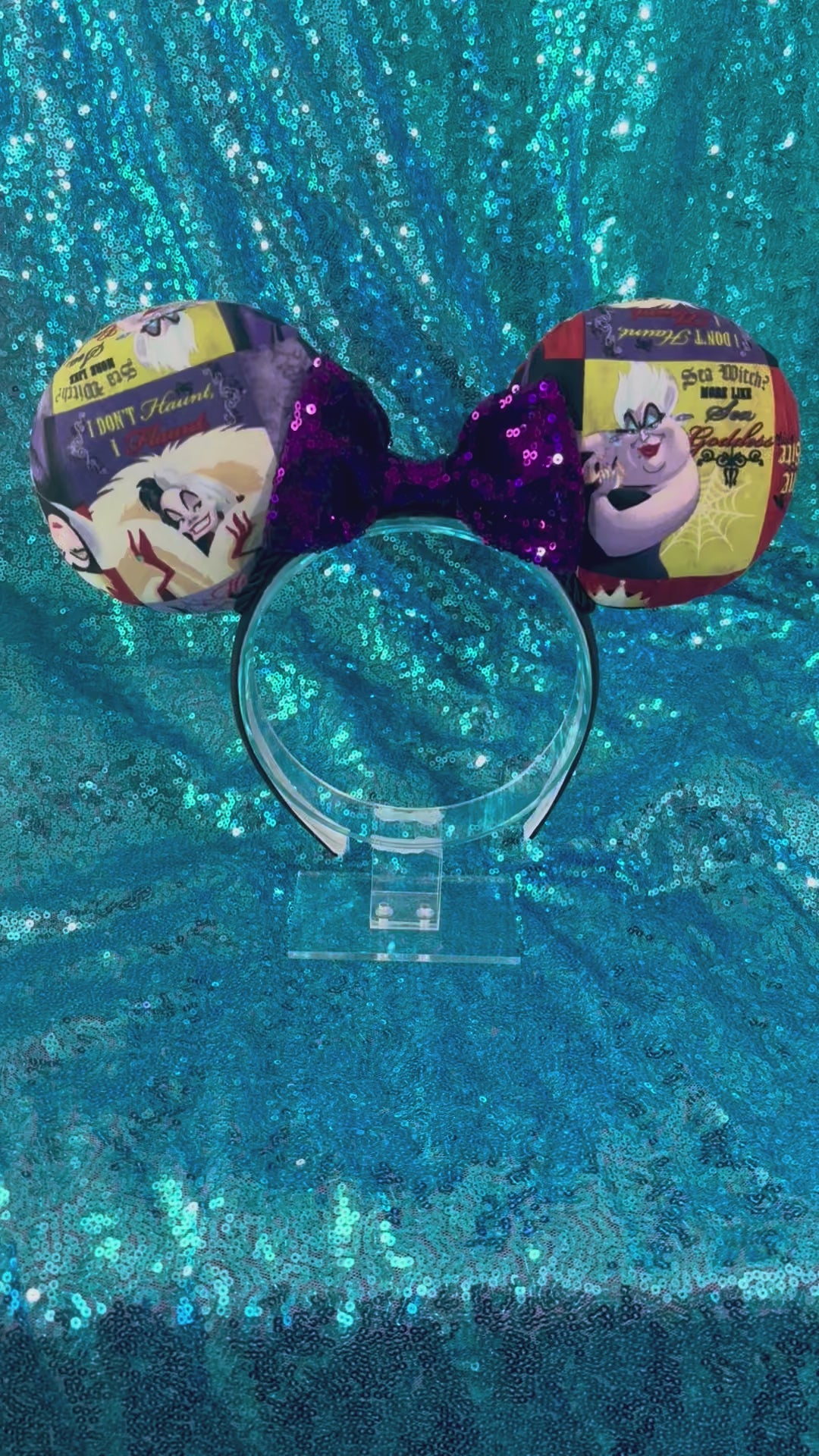 Handmade and ready to ship Villain Mouse ears with a black sequin bow, black twisted trim and on a black universal sized headband.