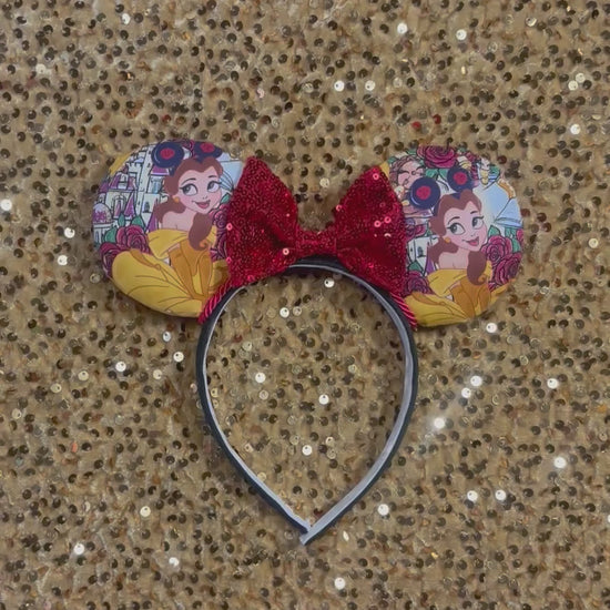 Belle from Beauty and the Beast-themed headband with Belle wearing mouse ears with red twisted trim and a red sequin bow. Handmade and ready to ship. 