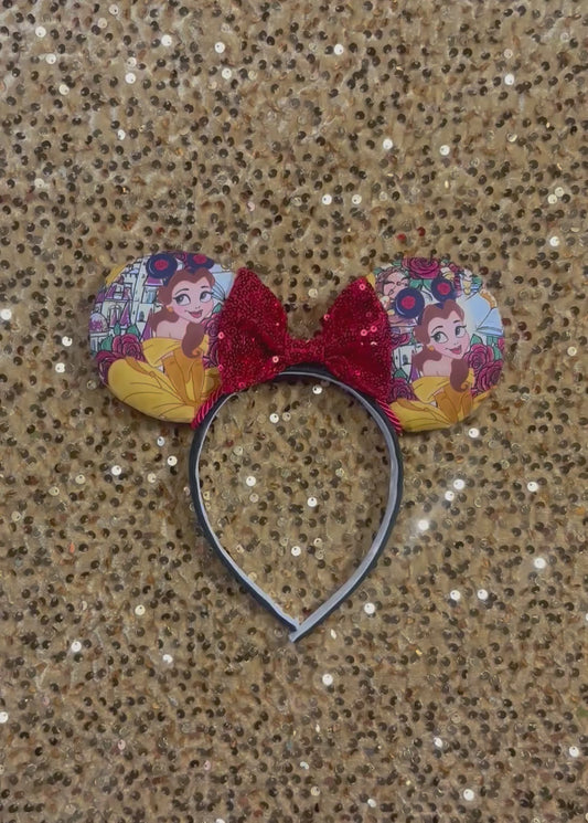 Belle from Beauty and the Beast-themed headband with Belle wearing mouse ears with red twisted trim and a red sequin bow. Handmade and ready to ship. 