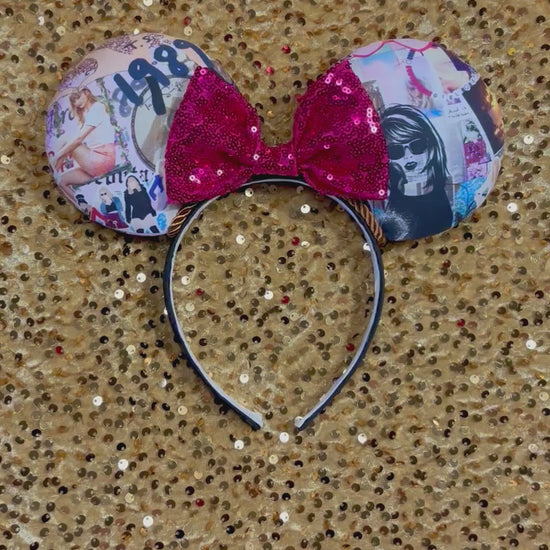 Mouse ears with Tay collage pictures with a pink bow and collage design on a gold sequin background. Handmade and ready to ship. 