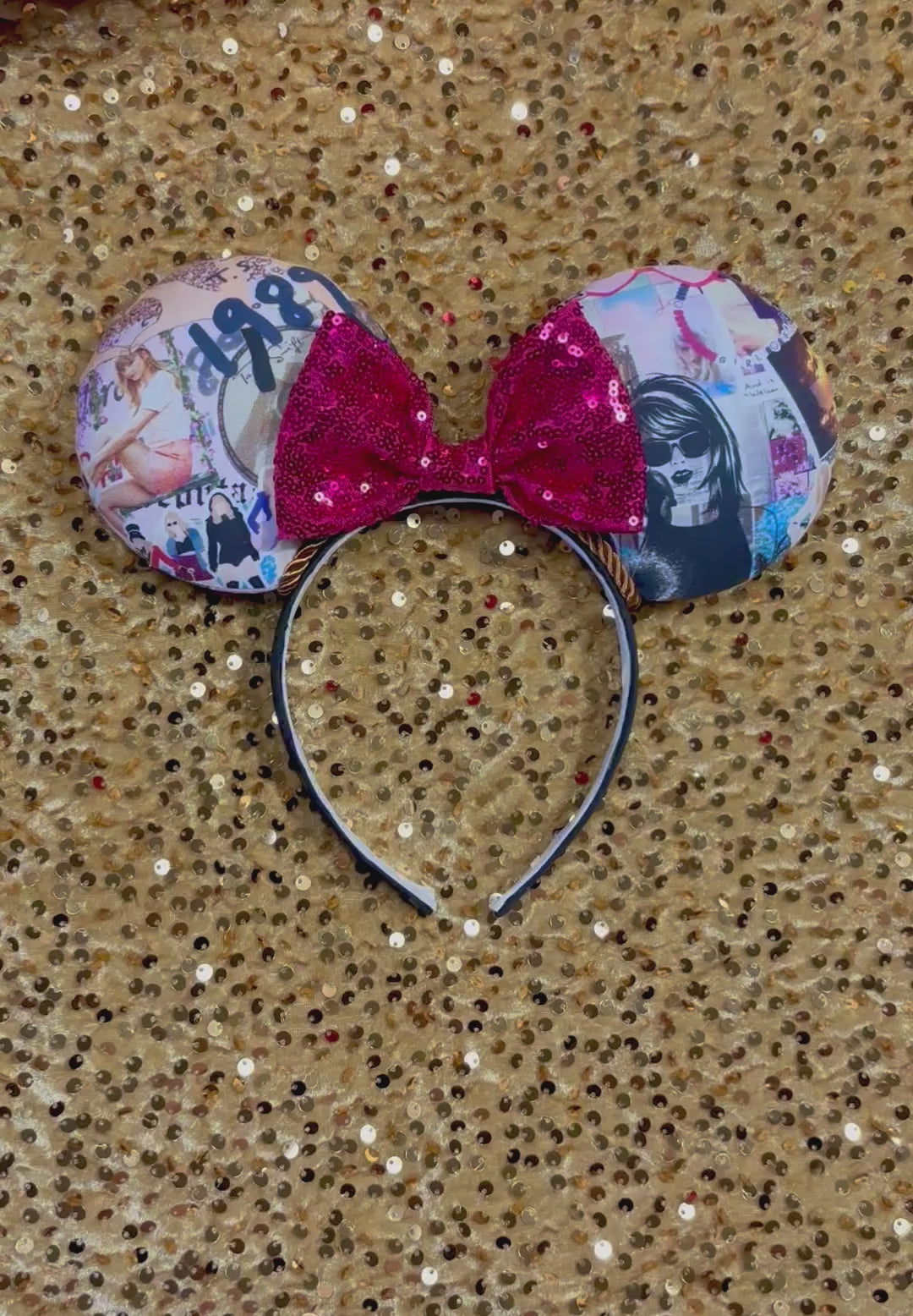 Mouse ears with Tay collage pictures with a pink bow and collage design on a gold sequin background. Handmade and ready to ship. 