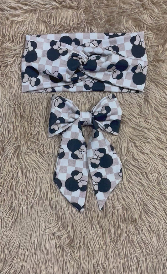 Checkered Mouse Twisted Headwrap and Hairbow Bundle