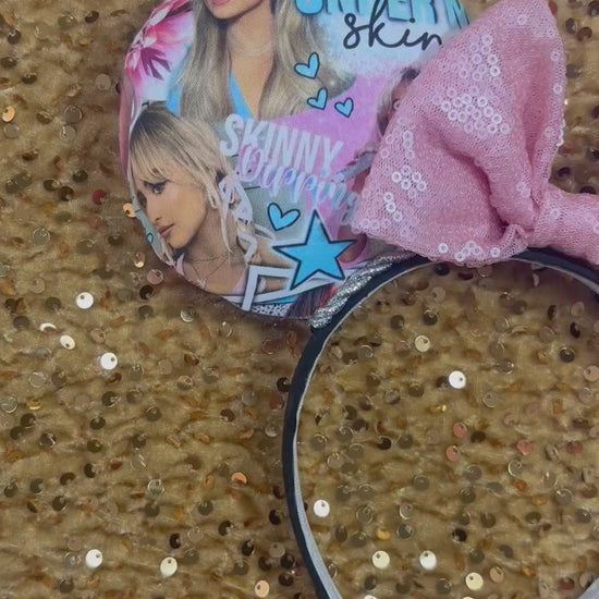 Sabrina Carpenter Short n Sweet Inspired handmade and ready to ship mouse ear headband with a pink sequin bow and silver twisted trim on a black poly cotton universal sized headband.