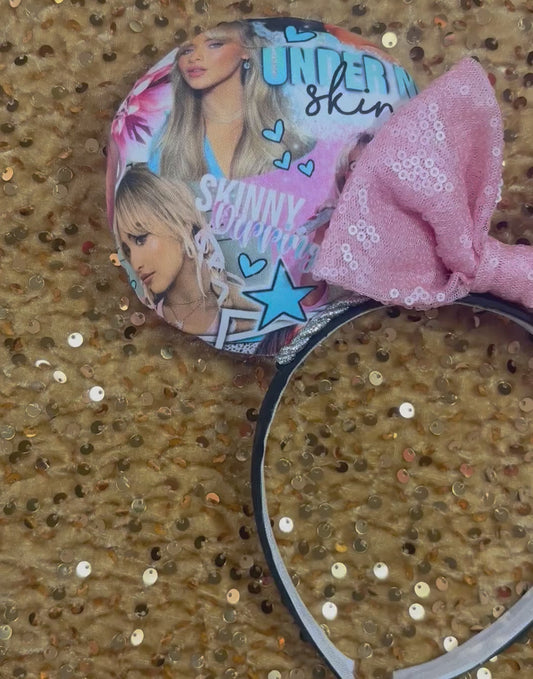 Sabrina Carpenter Short n Sweet Inspired handmade and ready to ship mouse ear headband with a pink sequin bow and silver twisted trim on a black poly cotton universal sized headband.