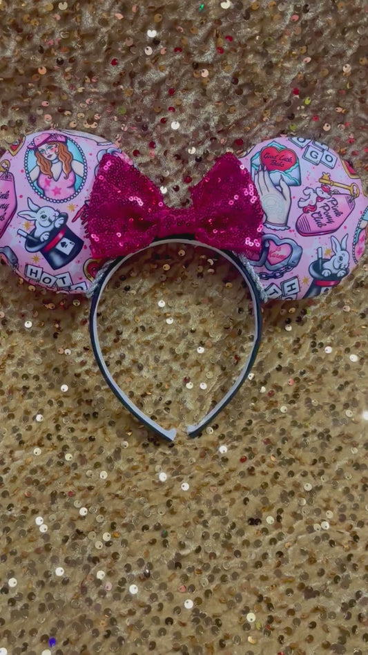 Handmade and ready to ship GOOD LUCK, BABE mouse ears headband with a hot pink sequin bow, silver twisted trim on a black Universal sized headband.