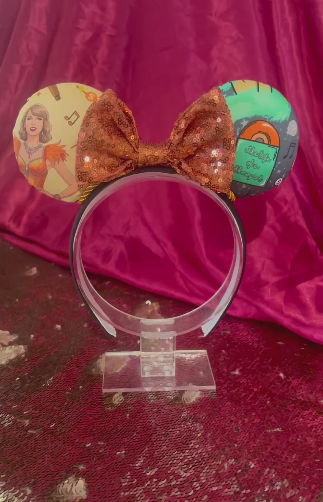 Handmade and ready to ship Wish List Mouse ears with an orange sequin bow, orange twisted trim and on a black universal sized headband. 