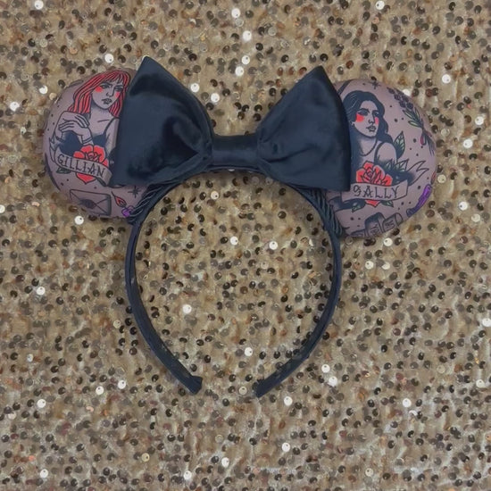 Black velvet bow headband with tattoo-style mouse ears of Gil and Sal on a gold background. Made and ready to ship.