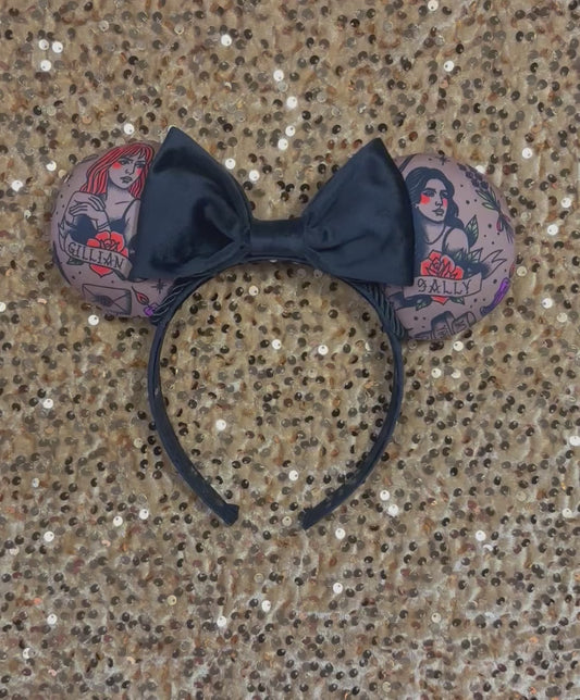 Black velvet bow headband with tattoo-style mouse ears of Gil and Sal on a gold background. Made and ready to ship.
