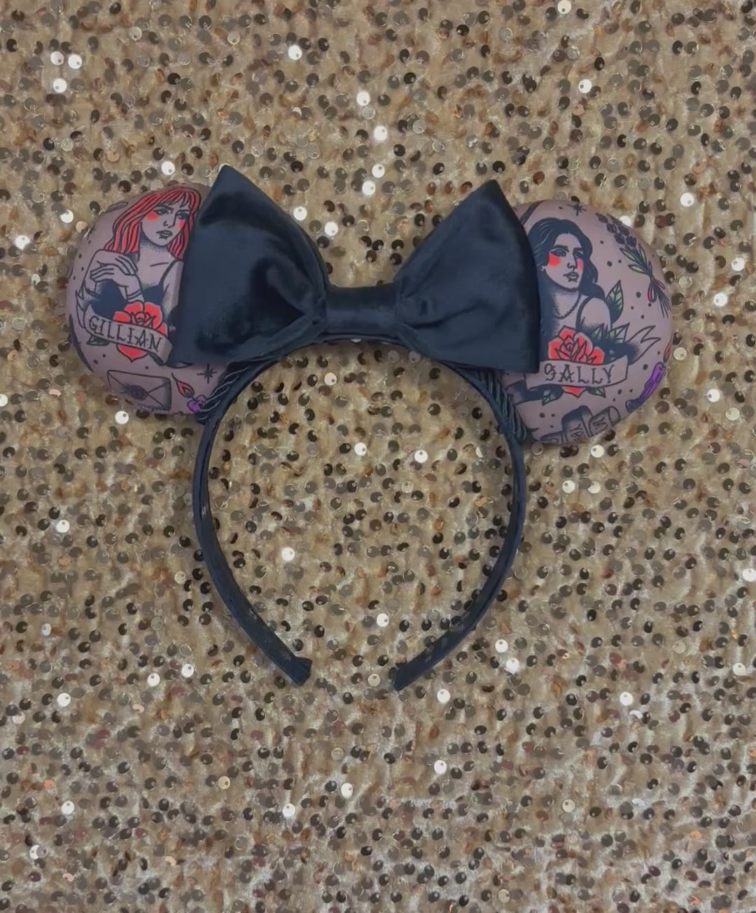 Black velvet bow headband with tattoo-style mouse ears of Gil and Sal on a gold background. Made and ready to ship.