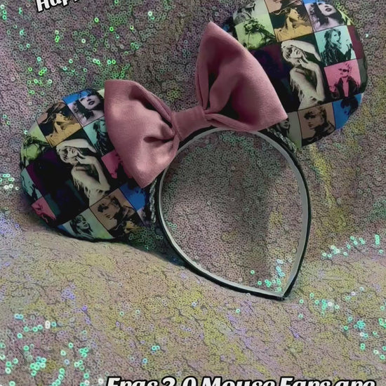 Handmade and ready to ship ERAS 2.0 mouse ears with the fabric on both the front and back. On a black universal sized headband. The set has a DUSTY PINK VELVET bow, but you can request any sequin color in your order and I'll attach it.