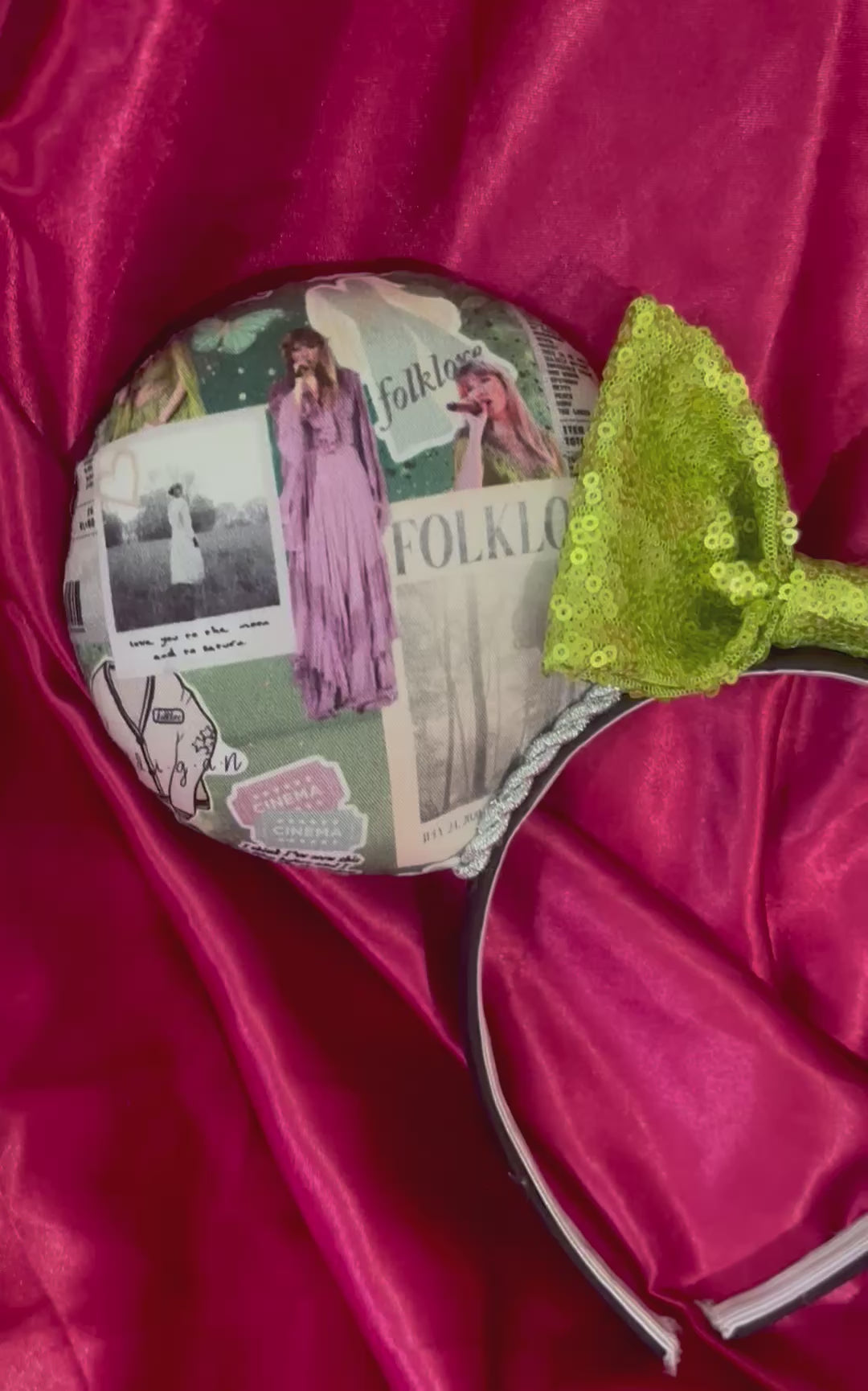 Handmade and ready to ship Folklore Inspired Mouse ears with Tay images from that era on the front and back of mouse ears shown with a lime green sequin bow option choice. The headband has a black poly cotton fabric and is a universal sized headband.