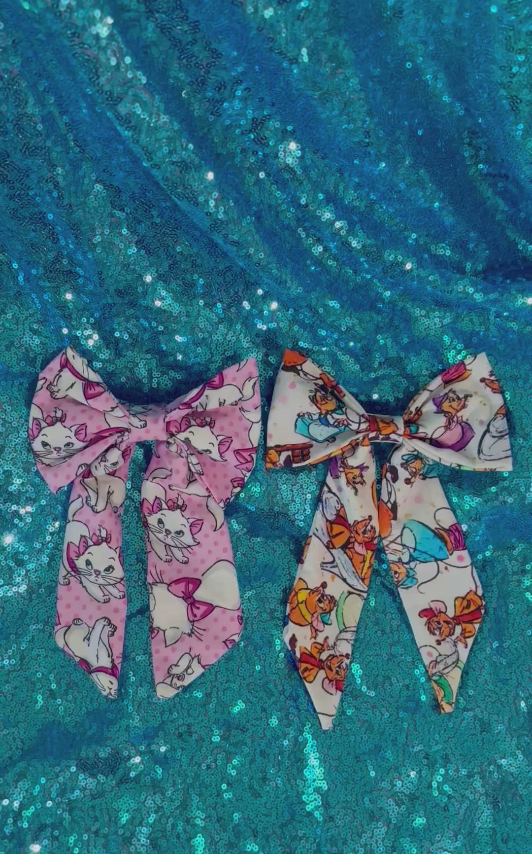 video showing both the Marie bow and the Sewing Mice bow. Made and ready to ship with free shipping.