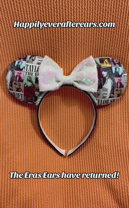 Handmade and ready to ship ERAS EARS with the fabric on both the front and back. On a black universal sized headband. The set has a WHITE IRIDECSENT sequin bow, but you can request any sequin color in your order and I'll attach it.