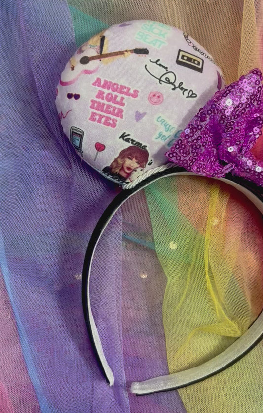 Lilac Taylor Swift Collage Mouse Ears – Handmade Disney-Inspired Headband with Purple Sequin Bow