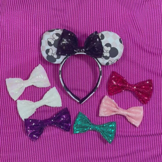 Handmade and ready to ship Checkered Mouse ears with famous Minnie ear bows on the design and a black sequin bow with black twisted trim on a universal sized headband. Shown with many sequin bows for choices for your set.