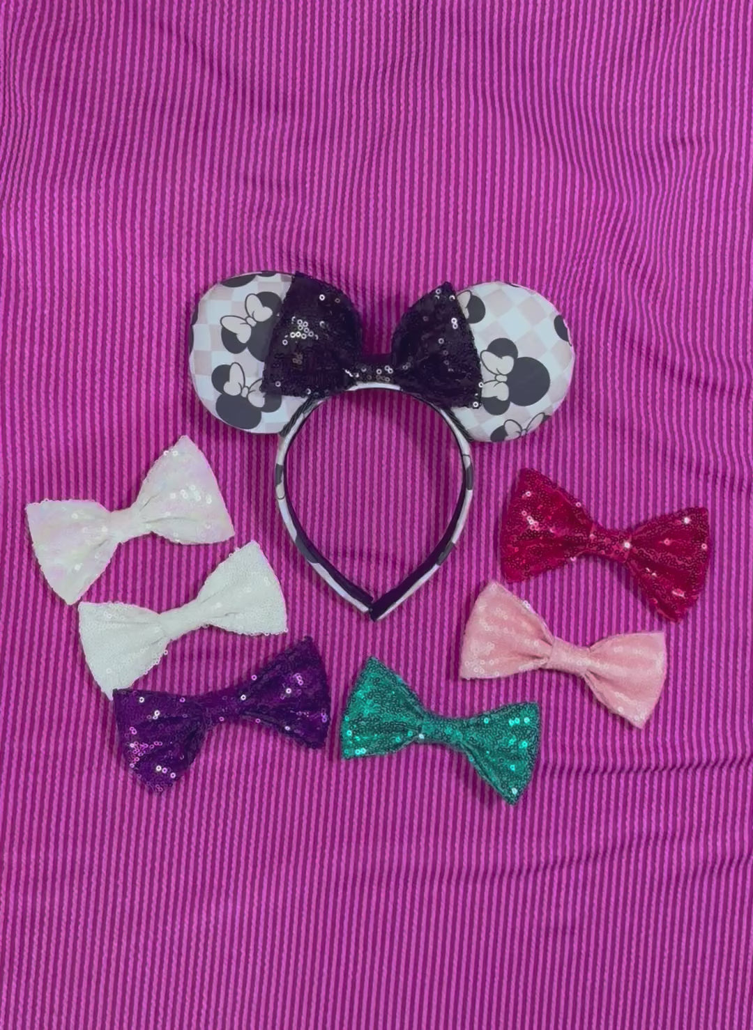 Handmade and ready to ship Checkered Mouse ears with famous Minnie ear bows on the design and a black sequin bow with black twisted trim on a universal sized headband. Shown with many sequin bows for choices for your set.