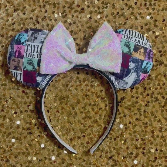 Handmade and ready to ship ERAS EARS with the fabric on both the front and back. On a black universal sized headband. The set has a WHITE IRIDECSENT sequin bow, but you can request any sequin color in your order and I'll attach it.