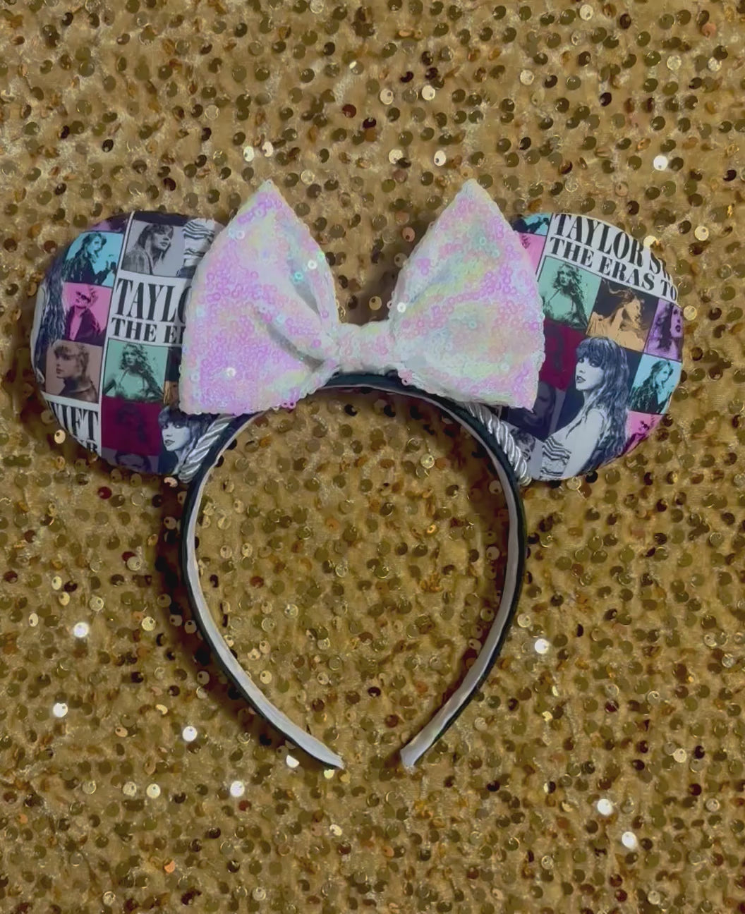 Handmade and ready to ship ERAS EARS with the fabric on both the front and back. On a black universal sized headband. The set has a WHITE IRIDECSENT sequin bow, but you can request any sequin color in your order and I'll attach it.