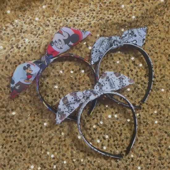 Handmade and ready to ship. Three decorative headbands with classic various Mickey prints on them with a twisted bow on headband you can adjust to any side you prefer.