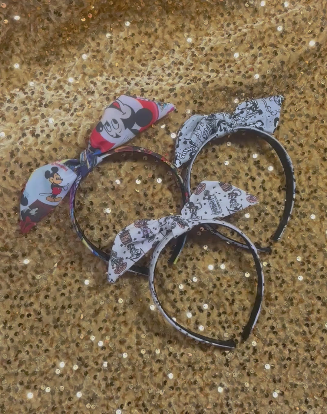 Handmade and ready to ship. Three decorative headbands with classic various Mickey prints on them with a twisted bow on headband you can adjust to any side you prefer.