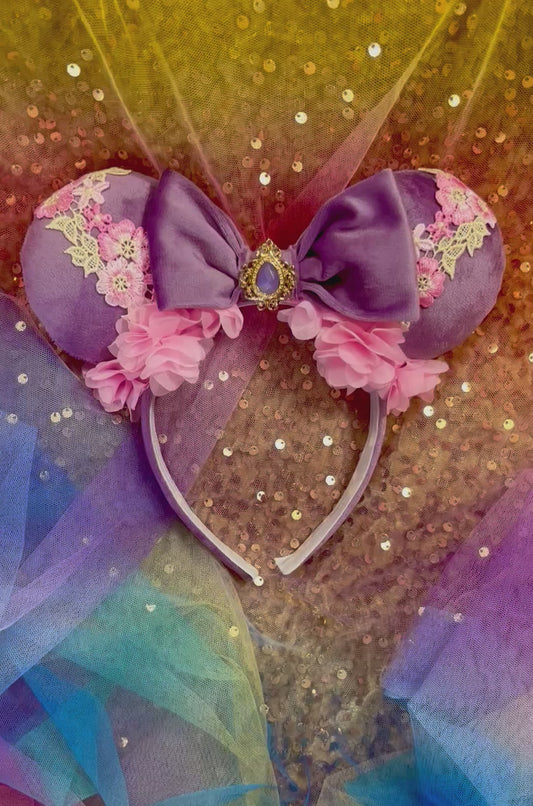 Rapunzel Inspired Mouse Ears | Purple Velvet & Pink Floral Trim Theme Park Headband
