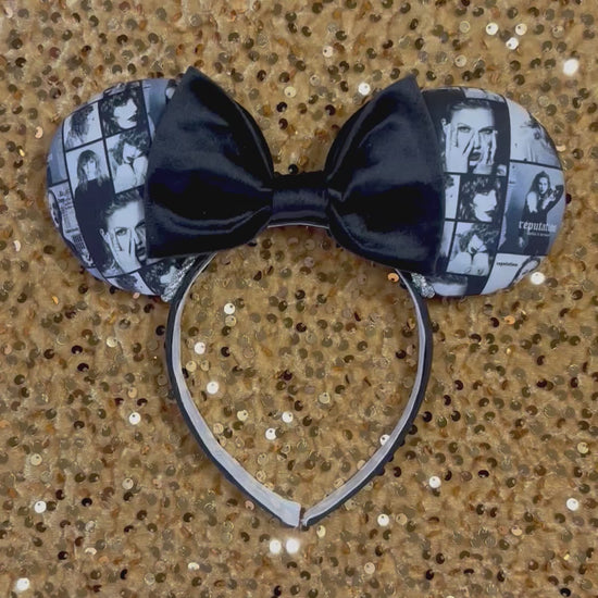 Handmade and ready to ship "BAD' reputation Mouse ears with a new beautiful black velvet bow. Of course, you can still request any bow in sequin if you prefer and I will attach it. Shown on a gold sequin background.
