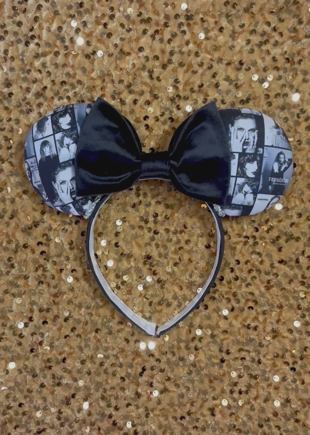 Handmade and ready to ship "BAD' reputation Mouse ears with a new beautiful black velvet bow. Of course, you can still request any bow in sequin if you prefer and I will attach it. Shown on a gold sequin background.